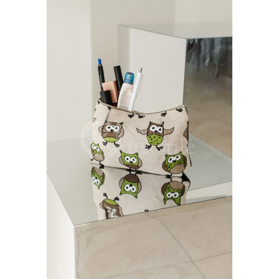 Colourful half-linen cosmetic bag "Owls green"